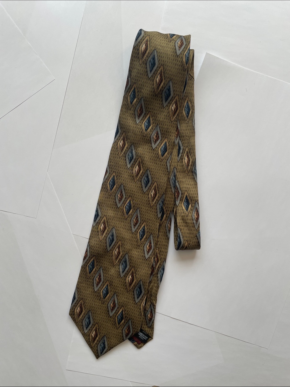 bill blass Olive and Blue Geometric Silk Tie
